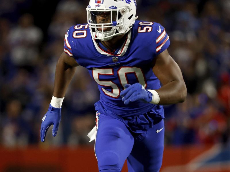 Buffalo Bills defensive end Greg Rousseau (50) lines up for a play during an NFL football game against the Tennessee Titans, Monday, Sept. 19, 2022, in Orchard Park, N.Y. (AP Photo/Kirk Irwin)