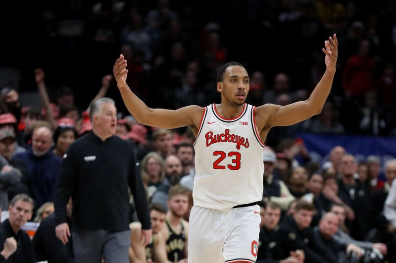 Feb 18, 2024; Columbus, Ohio, USA;  Ohio State Buckeyes forward Zed Key (23) celebrates as time winds down during the second half against the Purdue Boilermakers at Value City Arena. Mandatory Credit: Joseph Maiorana-USA TODAY Sports