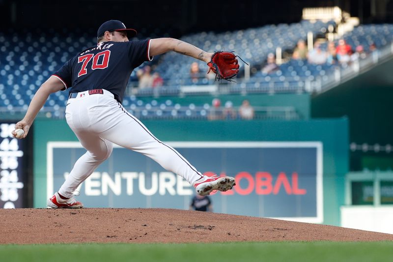 Aug 21, 2024; Washington, District of Columbia, USA; Washington Nationals starting pitcher Mitchell Parker (70) pitches against the Colorado Rockies during the first inning at Nationals Park. Mandatory Credit: Geoff Burke-USA TODAY Sports