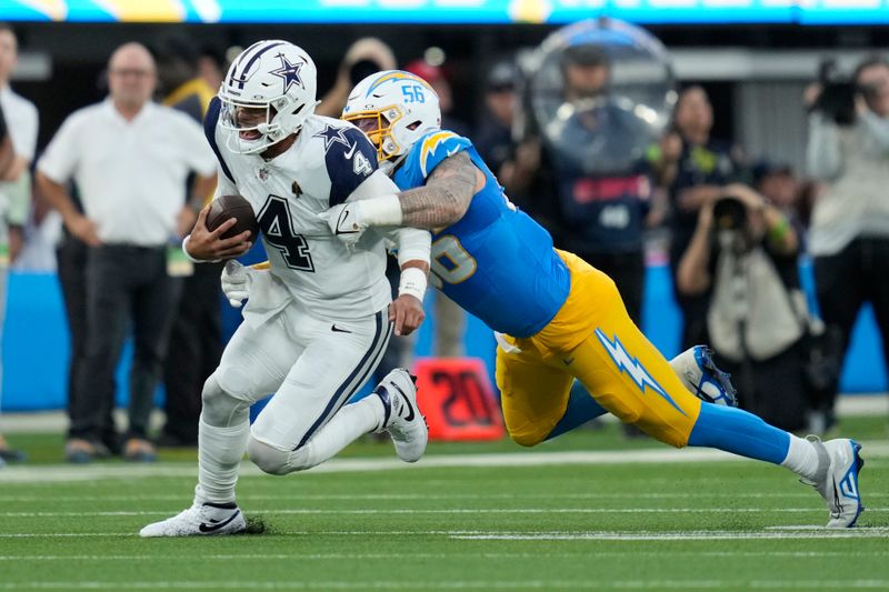 Dallas Cowboys quarterback Dak Prescott (4) is tackled by Los Angeles Chargers defensive end Morgan Fox (56) during the first half of an NFL football game Monday, Oct. 16, 2023, in Inglewood, Calif. (AP Photo/Ashley Landis)