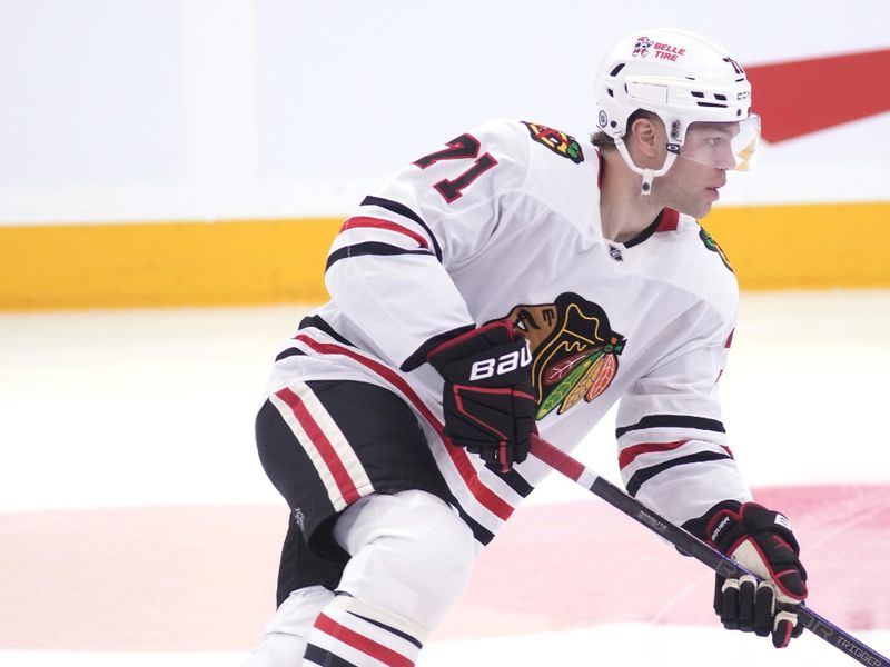 Dec 2, 2024; Toronto, Ontario, CAN; Chicago Blackhawks forward Taylor Hall (71) skates during warm up before a game against the Toronto Maple Leafs at Scotiabank Arena. Mandatory Credit: John E. Sokolowski-Imagn Images