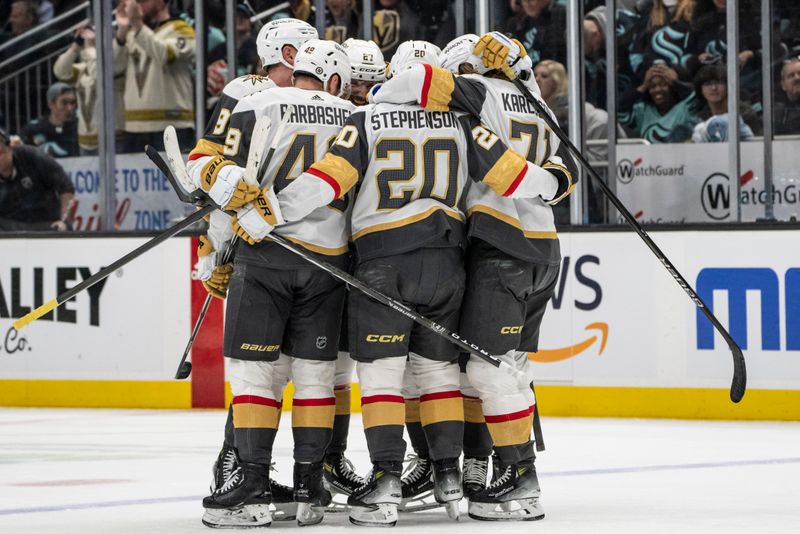 Mar 12, 2024; Seattle, Washington, USA; Vegas Golden Knights including forward Ivan Barbashev (49), second from left, forward Chandler Stephenson (20) and forward William Karlsson (71), far right, celebrate a goal during the third period at Climate Pledge Arena. Mandatory Credit: Stephen Brashear-USA TODAY Sports