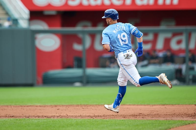 Jun 28, 2023; Kansas City, Missouri, USA; Kansas City Royals second base Michael Massey (19) rounds the bases after hitting a home run during the second inning against the Cleveland Guardians at Kauffman Stadium. Mandatory Credit: William Purnell-USA TODAY Sports