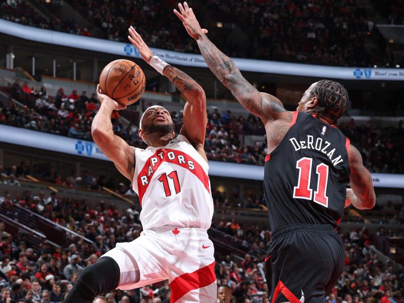 CHICAGO, IL - JANUARY 30: Bruce Brown #11 of the Toronto Raptors shoots the ball during the game against the Chicago Bulls on January 30, 2024 at United Center in Chicago, Illinois. NOTE TO USER: User expressly acknowledges and agrees that, by downloading and or using this photograph, User is consenting to the terms and conditions of the Getty Images License Agreement. Mandatory Copyright Notice: Copyright 2024 NBAE (Photo by Jeff Haynes/NBAE via Getty Images)