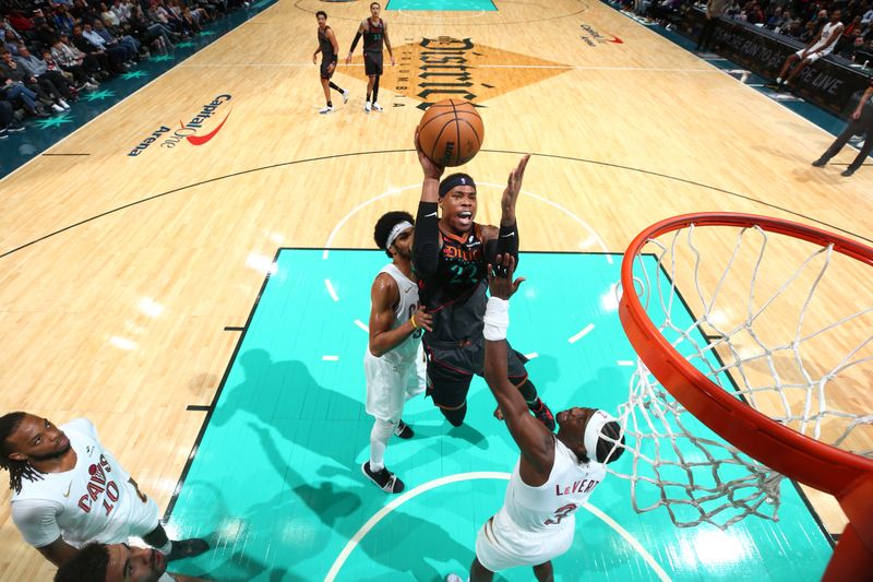 WASHINGTON, DC -? FEBRUARY 25: Richaun Holmes #22 of the Washington Wizards drives to the basket during the game against the Cleveland Cavaliers on February 25, 2024 at Capital One Arena in Washington, DC. NOTE TO USER: User expressly acknowledges and agrees that, by downloading and or using this Photograph, user is consenting to the terms and conditions of the Getty Images License Agreement. Mandatory Copyright Notice: Copyright 2024 NBAE (Photo by Stephen Gosling/NBAE via Getty Images)