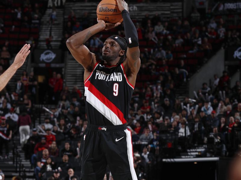 PORTLAND, OR - FEBRUARY 25:  Jerami Grant #9 of the Portland Trail Blazers shoots a 3-point basket during the game  on February 25, 2024 at the Moda Center Arena in Portland, Oregon. NOTE TO USER: User expressly acknowledges and agrees that, by downloading and or using this photograph, user is consenting to the terms and conditions of the Getty Images License Agreement. Mandatory Copyright Notice: Copyright 2024 NBAE (Photo by Cameron Browne/NBAE via Getty Images)