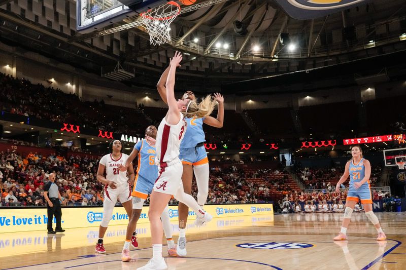 Mar 8, 2024; Greensville, SC, USA; Alabama Crimson Tide guard Sarah Ashlee Barker (3) shoots against Tennessee Lady Vols forward Rickea Jackson (2) during the first half at Bon Secours Wellness Arena. Mandatory Credit: Jim Dedmon-USA TODAY Sports