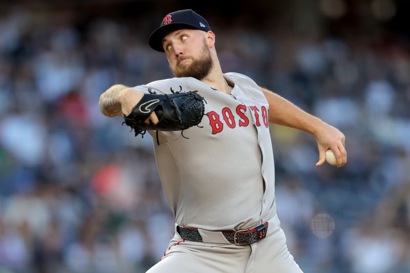 Jun 7, 2025; Bronx, New York, USA; Boston Red Sox starting pitcher Garrett Crochet (35) pitches against the New York Yankees during the first inning at Yankee Stadium. Mandatory Credit: Brad Penner-Imagn Images