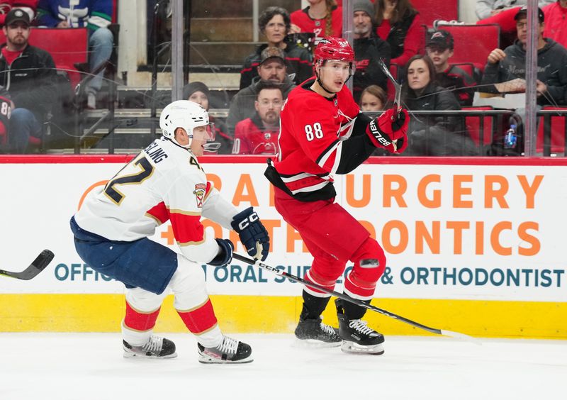 Nov 29, 2024; Raleigh, North Carolina, USA;  Carolina Hurricanes center Martin Necas (88) takes a past Florida Panthers defenseman Gustav Forsling (42) during the first period at Lenovo Center. Mandatory Credit: James Guillory-Imagn Images