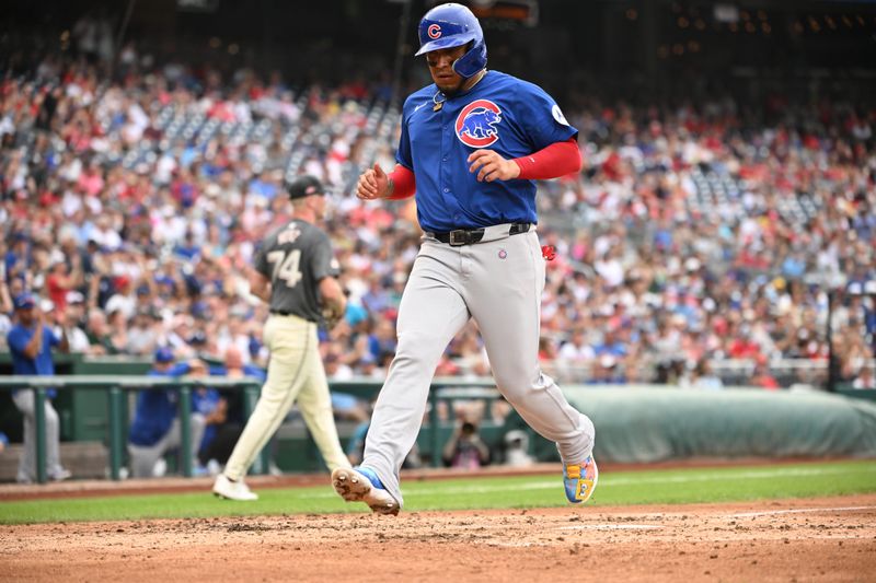 Aug 31, 2024; Washington, District of Columbia, USA; Chicago Cubs third baseman Isaac Paredes (17) crosses home plate to score a run against the Washington Nationals during the fifth inning at Nationals Park. Mandatory Credit: Rafael Suanes-USA TODAY Sports