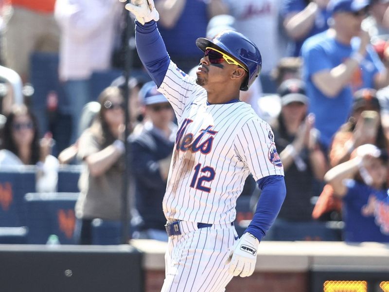 Apr 28, 2024; New York City, New York, USA;  New York Mets shortstop Francisco Lindor (12) celebrates after hitting a solo home run in the sixth inning against the St. Louis Cardinals at Citi Field. Mandatory Credit: Wendell Cruz-USA TODAY Sports