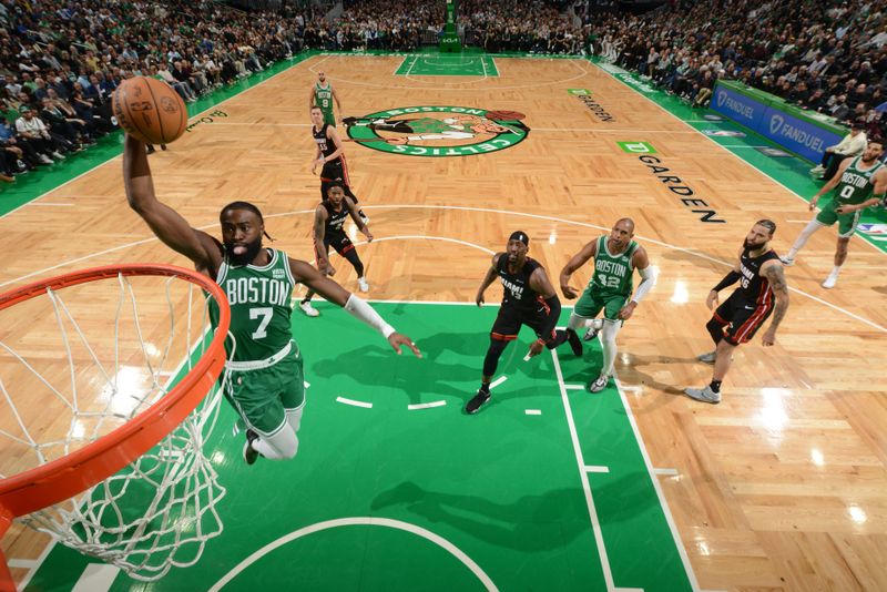 BOSTON, MA - APRIL 24: Jaylen Brown #7 of the Boston Celtics goes to the basket during the game against the Miami Heat during Round 1 Game 2 of the 2024 NBA Playoffs on April 24, 2024 at the TD Garden in Boston, Massachusetts. NOTE TO USER: User expressly acknowledges and agrees that, by downloading and or using this photograph, User is consenting to the terms and conditions of the Getty Images License Agreement. Mandatory Copyright Notice: Copyright 2024 NBAE  (Photo by Brian Babineau/NBAE via Getty Images)