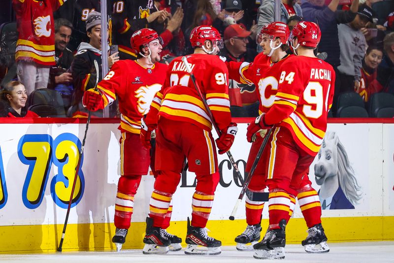 Jan 23, 2025; Calgary, Alberta, CAN; Calgary Flames left wing Jakob Pelletier (22) celebrates his goal with teammates against the Buffalo Sabres during the third period at Scotiabank Saddledome. Mandatory Credit: Sergei Belski-Imagn Images