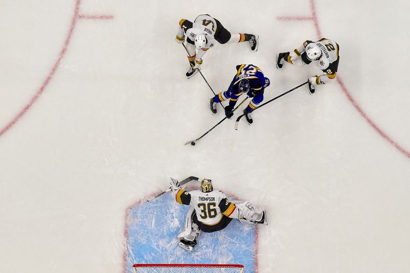 Dec 6, 2023; St. Louis, Missouri, USA;  St. Louis Blues center Jordan Kyrou (25) shoots and scores against Vegas Golden Knights goaltender Logan Thompson (36) during the first period at Enterprise Center. Mandatory Credit: Jeff Curry-USA TODAY Sports