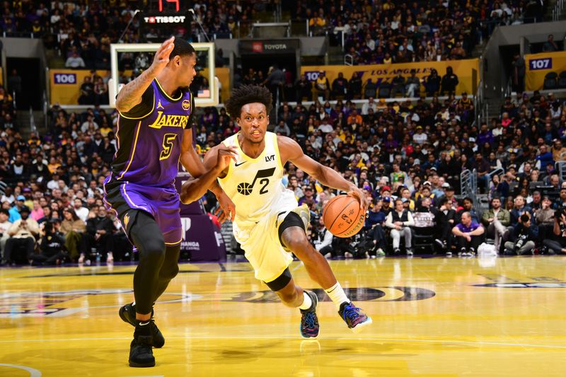 LOS ANGELES, CA - NOVEMBER 19: Collin Sexton #2 of the Utah Jazz handles the ball during the game against the Los Angeles Lakers during the Emirates NBA Cup game on November 19, 2024 at Crypto.Com Arena in Los Angeles, California. NOTE TO USER: User expressly acknowledges and agrees that, by downloading and/or using this Photograph, user is consenting to the terms and conditions of the Getty Images License Agreement. Mandatory Copyright Notice: Copyright 2024 NBAE (Photo by Adam Pantozzi/NBAE via Getty Images)