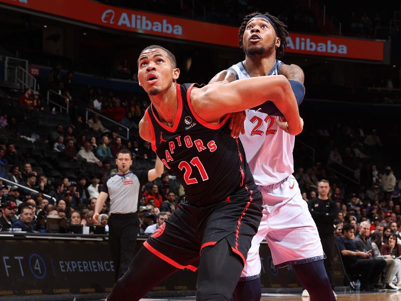 WASHINGTON, DC -?JANUARY 29: Orlando Robinson #21 of the Toronto Raptors boxes out during the game against the Washington Wizards on January 29, 2025 at Capital One Arena in Washington, DC. NOTE TO USER: User expressly acknowledges and agrees that, by downloading and or using this Photograph, user is consenting to the terms and conditions of the Getty Images License Agreement. Mandatory Copyright Notice: Copyright 2025 NBAE (Photo by Stephen Gosling/NBAE via Getty Images)