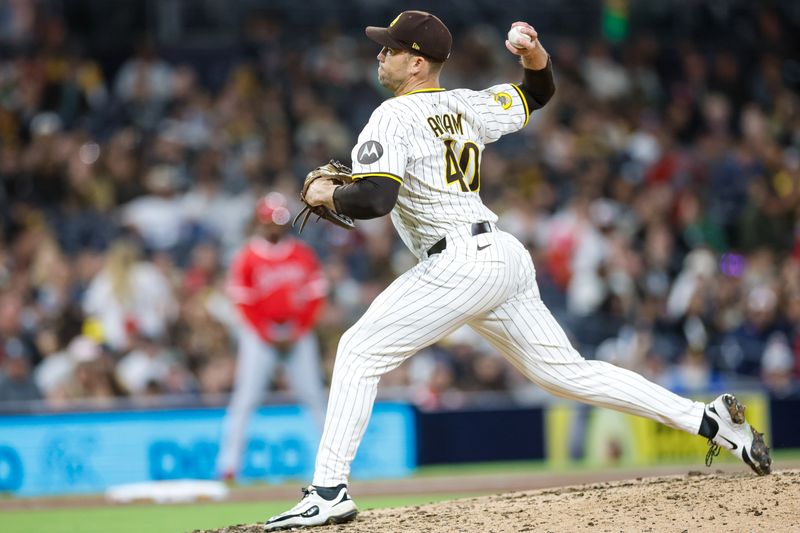May 13, 2025; San Diego, California, USA; San Diego Padres relief pitcher Jason Adam (40) throws a pitch during the ninth inning against the against the Los Angeles Angels at Petco Park. Mandatory Credit: David Frerker-Imagn Images