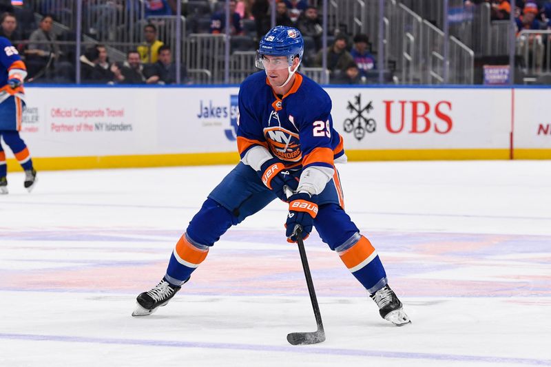 Dec 13, 2023; Elmont, New York, USA; New York Islanders center Brock Nelson (29) skates across the blue line against the Anaheim Ducks during the second period at UBS Arena. Mandatory Credit: Dennis Schneidler-USA TODAY Sports