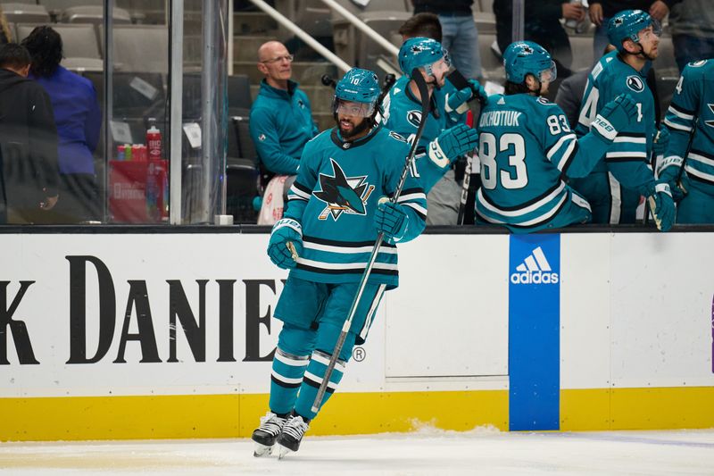 Nov 7, 2023; San Jose, California, USA; San Jose Sharks left wing Anthony Duclair (10) skates on the ice after scoring a goal against the Philadelphia Flyers during the first period at SAP Center at San Jose. Mandatory Credit: Robert Edwards-USA TODAY Sports