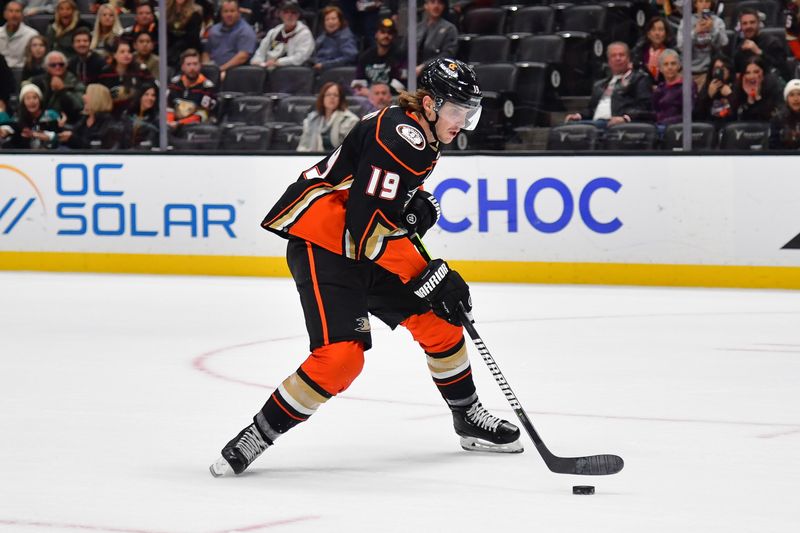 Nov 1, 2023; Anaheim, California, USA; Anaheim Ducks right wing Troy Terry (19) moves in for a shot on goal against the Arizona Coyotes during the overtime period at Honda Center. Mandatory Credit: Gary A. Vasquez-USA TODAY Sports