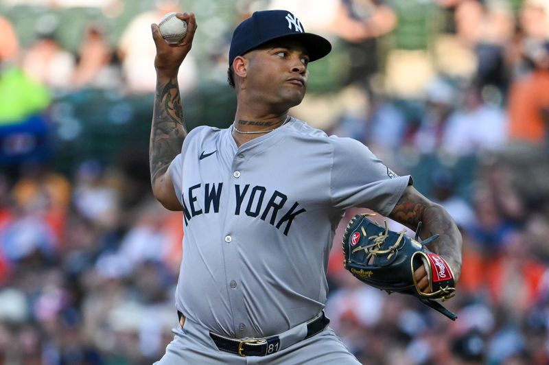 May 1, 2024; Baltimore, Maryland, USA;  New York Yankees pitcher Luis Gil (81) throws a second inning pitch against the Baltimore Orioles at Oriole Park at Camden Yards. Mandatory Credit: Tommy Gilligan-USA TODAY Sports