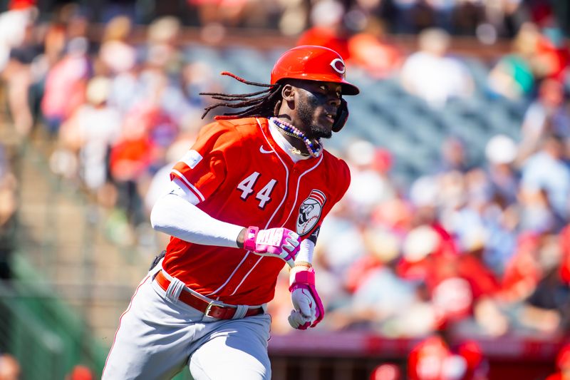 Mar 19, 2024; Tempe, Arizona, USA; Cincinnati Reds infielder Elly De La Cruz against the Los Angeles Angels during a spring training game at Tempe Diablo Stadium. Mandatory Credit: Mark J. Rebilas-USA TODAY Sports