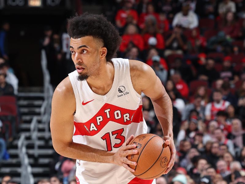 CHICAGO, IL - JANUARY 30: Jordan Nwora #13 of the Toronto Raptors handles the ball during the game against the Chicago Bulls on January 30, 2024 at United Center in Chicago, Illinois. NOTE TO USER: User expressly acknowledges and agrees that, by downloading and or using this photograph, User is consenting to the terms and conditions of the Getty Images License Agreement. Mandatory Copyright Notice: Copyright 2024 NBAE (Photo by Jeff Haynes/NBAE via Getty Images)