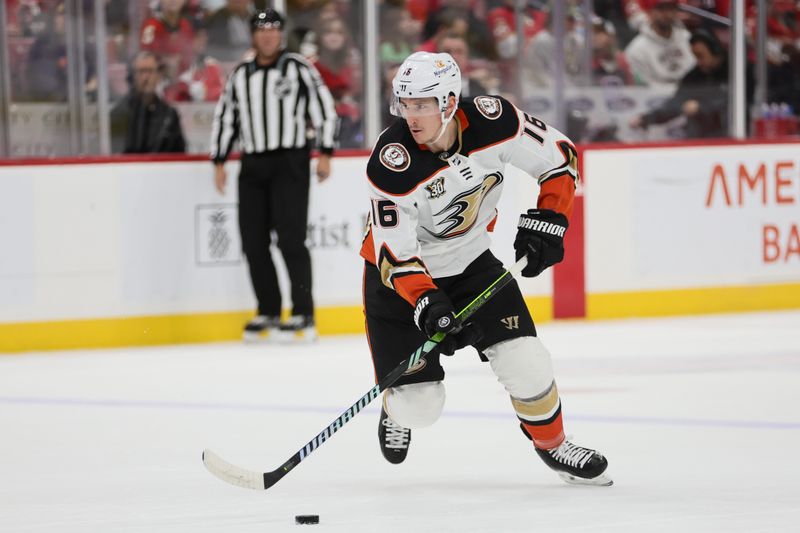 Jan 15, 2024; Sunrise, Florida, USA; Anaheim Ducks center Ryan Strome (16) moves the puck against the Florida Panthers during the first period at Amerant Bank Arena. Mandatory Credit: Sam Navarro-USA TODAY Sports