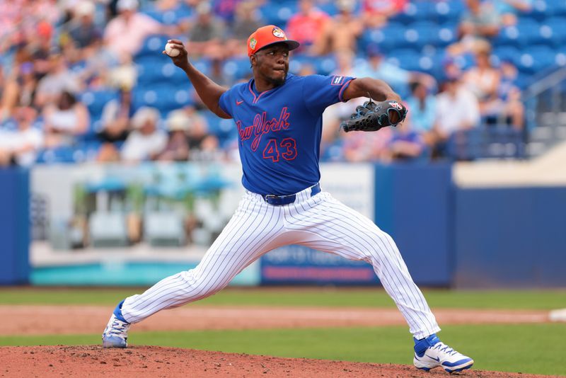 Feb 21, 2026; Port St. Lucie, Florida, USA; New York Mets relief pitcher Huascar Brazoban (43) delivers a pitch against the Miami Marlins during the fifth inning at Clover Park. Mandatory Credit: Sam Navarro-Imagn Images