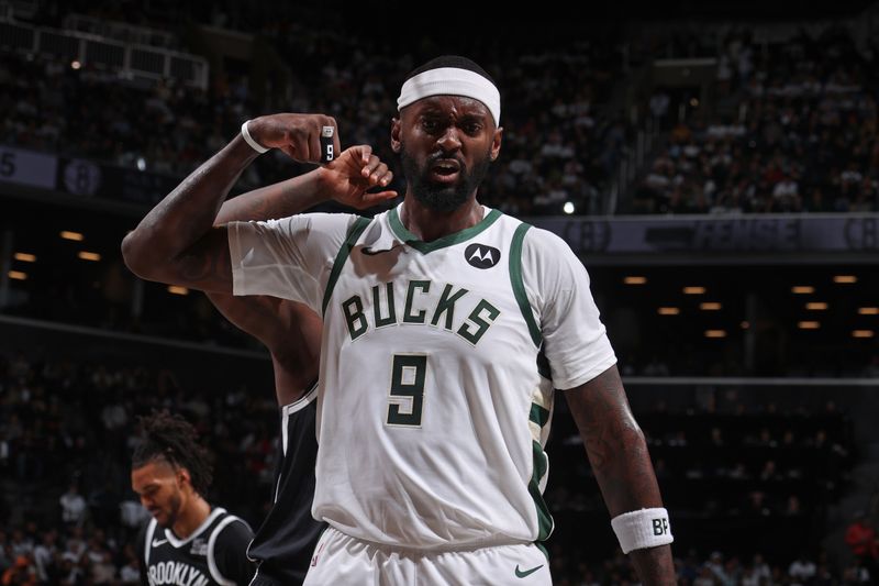 BROOKLYN, NY - OCTOBER 27: Bobby Portis #9 of the Milwaukee Bucks celebrates during the game against the Brooklyn Nets on October 27, 2024 at Barclays Center in Brooklyn, New York. NOTE TO USER: User expressly acknowledges and agrees that, by downloading and or using this Photograph, user is consenting to the terms and conditions of the Getty Images License Agreement. Mandatory Copyright Notice: Copyright 2024 NBAE (Photo by Nathaniel S. Butler/NBAE via Getty Images)