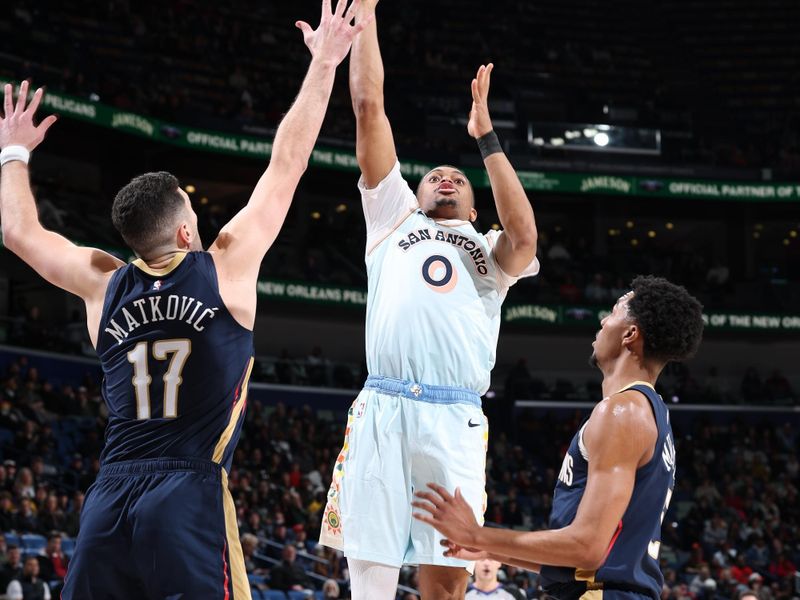 NEW ORLEANS, LA - FEBRUARY 23:  Keldon Johnson #0 of the San Antonio Spurs shoots the ball during the game against the New Orleans Pelicans on February 23, 2025 at the Smoothie King Center in New Orleans, Louisiana. NOTE TO USER: User expressly acknowledges and agrees that, by downloading and or using this Photograph, user is consenting to the terms and conditions of the Getty Images License Agreement. Mandatory Copyright Notice: Copyright 2025 NBAE (Photo by Jeff Haynes/NBAE via Getty Images)