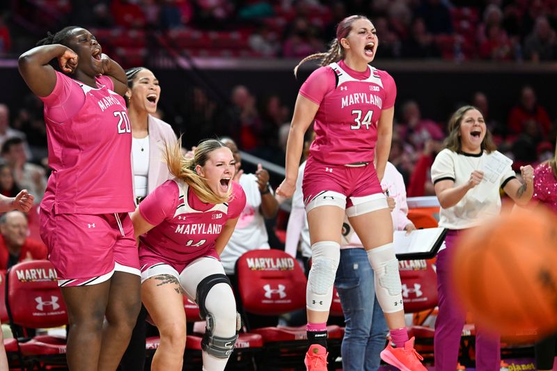 Jan 31, 2024; College Park, Maryland, USA;  Maryland Terrapinsx bench reacts after a  guard Bri McDaniel (not pictured) backset during the second half against the Indiana Hoosiers at Xfinity Center. Mandatory Credit: Tommy Gilligan-USA TODAY Sports