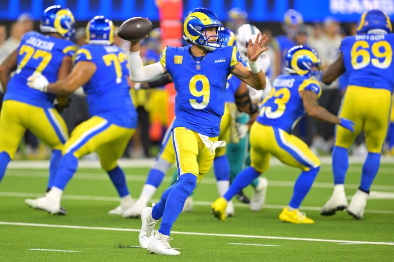 Los Angeles Rams quarterback Matthew Stafford passes during the first half of an NFL football game against the Miami Dolphins, Monday, Nov. 11, 2024, in Inglewood, Calif. (AP Photo/Jayne Kamin-Oncea)