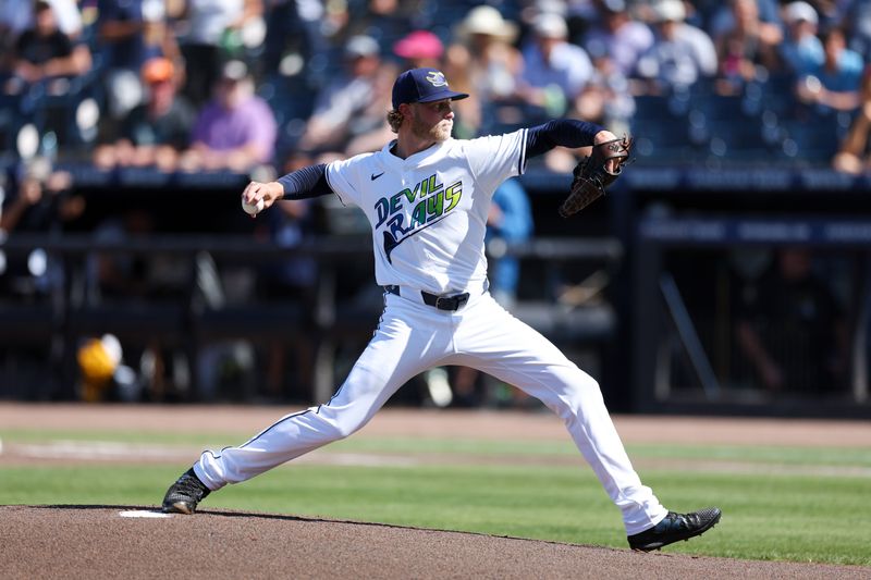 Apr 19, 2025; Tampa, Florida, USA; Tampa Bay Rays starting pitcher Shane Baz (11) throws a pitch against the New York Yankees in the first inning  at George M. Steinbrenner Field. Mandatory Credit: Nathan Ray Seebeck-Imagn Images