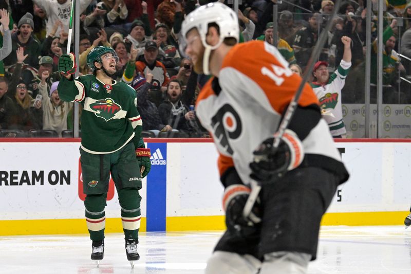 Jan 12, 2024; Saint Paul, Minnesota, USA; Minnesota Wild forward Marcus Johansson (90) celebrates his goal against the Philadelphia Flyers during the second period at Xcel Energy Center. Mandatory Credit: Nick Wosika-USA TODAY Sports