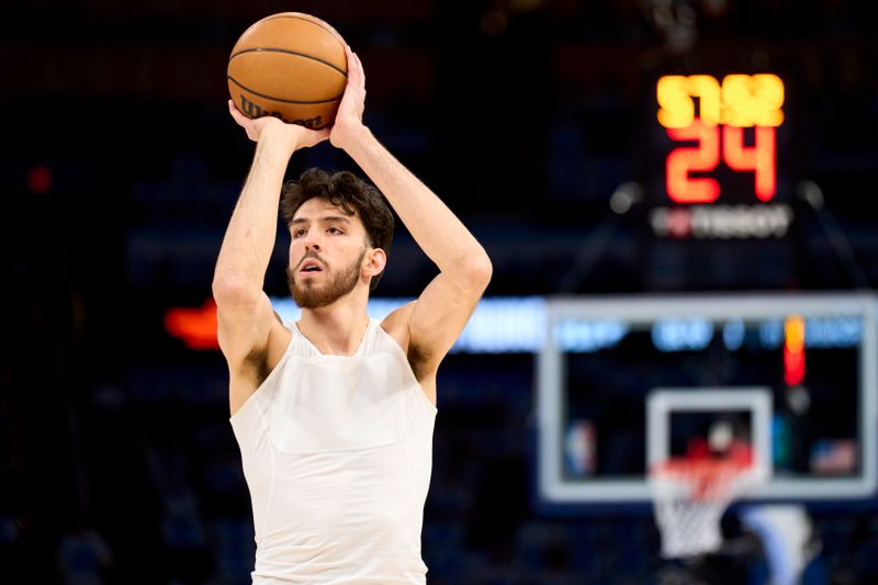 OKLAHOMA CITY, OKLAHOMA - APRIL 21: Chet Holmgren #7 of the Oklahoma City Thunder warms up before tipoff against the New Orleans Pelicans in game one of the Western Conference First Round Playoffs at the Paycom Center on April 21, 2024 in Oklahoma City, Oklahoma. NOTE TO USER: User expressly acknowledges and agrees that, by downloading and or using this photograph, User is consenting to the terms and conditions of the Getty Images License Agreement.  (Photo by Cooper Neill/Getty Images)