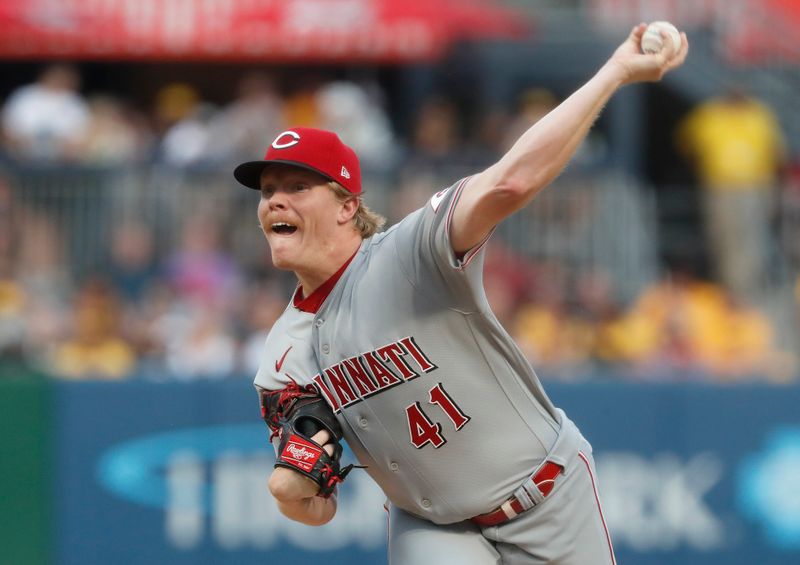 Aug 11, 2023; Pittsburgh, Pennsylvania, USA; Cincinnati Reds starting pitcher Andrew Abbott (41) delivers a pitch against the Pittsburgh Pirates during the first inning at PNC Park. Mandatory Credit: Charles LeClaire-USA TODAY Sports