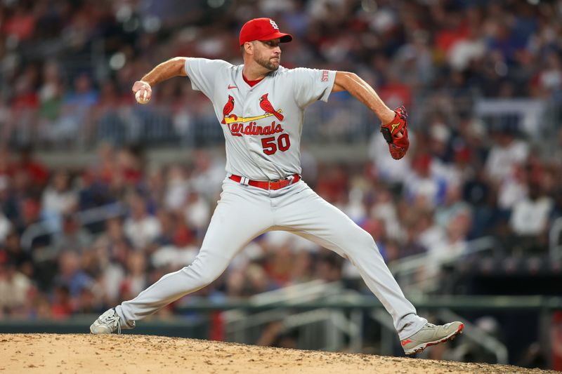 Sep 7, 2023; Atlanta, Georgia, USA; St. Louis Cardinals starting pitcher Adam Wainwright (50) throws against the Atlanta Braves in the fifth inning at Truist Park. Mandatory Credit: Brett Davis-USA TODAY Sports