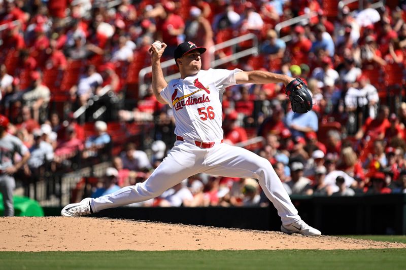 Jun 30, 2024; St. Louis, Missouri, USA; St. Louis Cardinals pitcher Ryan Helsley (56) throws against the Cincinnati Reds during the ninth inning at Busch Stadium. Mandatory Credit: Jeff Le-USA TODAY Sports
