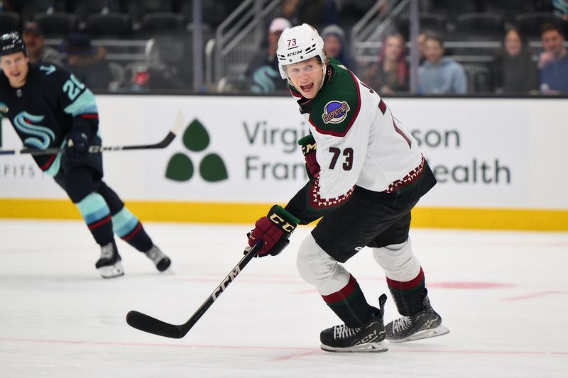 Apr 9, 2024; Seattle, Washington, USA; Arizona Coyotes center Jan Jenik (73) calls for the puck during the second period against the Seattle Kraken at Climate Pledge Arena. Mandatory Credit: Steven Bisig-USA TODAY Sports