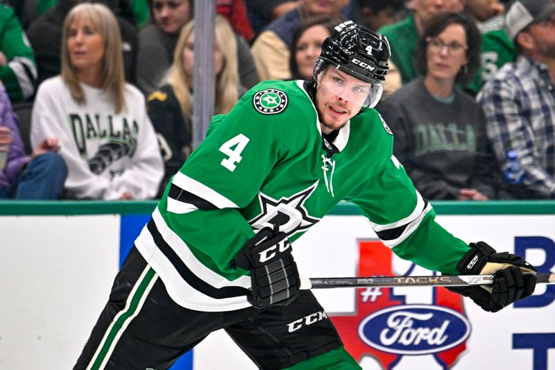 Dec 14, 2024; Dallas, Texas, USA; Dallas Stars defenseman Miro Heiskanen (4) skates against the St. Louis Blues during the second period at American Airlines Center. Mandatory Credit: Jerome Miron-Imagn Images