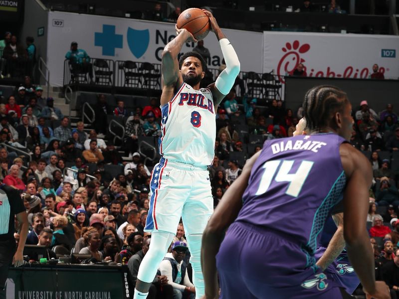 CHARLOTTE, NC - DECEMBER 3: Paul George #8 of the Philadelphia 76ers shoots the ball during the game against the Charlotte Hornets during an NBA Emirates Cup game on December 3, 2024 at Spectrum Center in Charlotte, North Carolina. NOTE TO USER: User expressly acknowledges and agrees that, by downloading and or using this photograph, User is consenting to the terms and conditions of the Getty Images License Agreement. Mandatory Copyright Notice: Copyright 2024 NBAE (Photo by Kent Smith/NBAE via Getty Images)