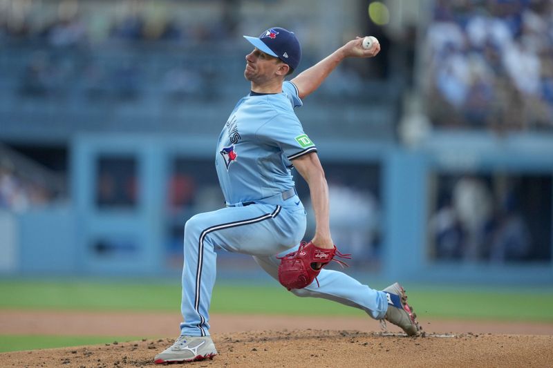 Jul 25, 2023; Los Angeles, California, USA; Toronto Blue Jays starting pitcher Chris Bassitt (40) throws in the first inning against the Los Angeles Dodgers at Dodger Stadium. Mandatory Credit: Kirby Lee-USA TODAY Sports