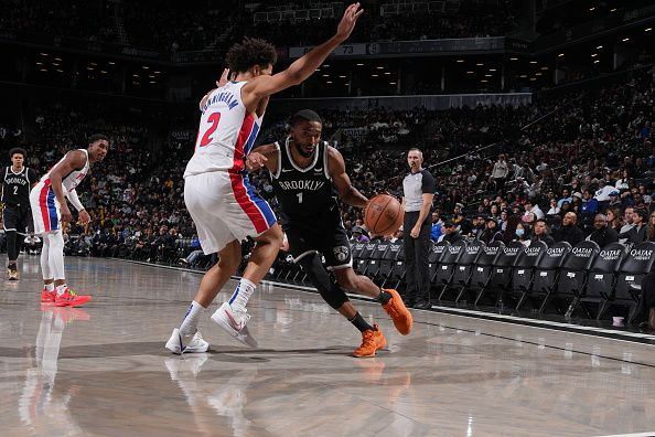 BROOKLYN, NY - DECEMBER 23: Mikal Bridges #1 of the Brooklyn Nets brings the ball up court against the Detroit Pistons on December 23, 2023 at Barclays Center in Brooklyn, New York. NOTE TO USER: User expressly acknowledges and agrees that, by downloading and or using this Photograph, user is consenting to the terms and conditions of the Getty Images License Agreement. Mandatory Copyright Notice: Copyright 2023 NBAE (Photo by Jesse D. Garrabrant/NBAE via Getty Images)