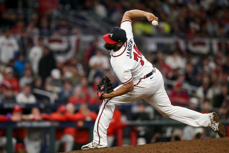 Oct 12, 2022; Atlanta, Georgia, USA; Atlanta Braves relief pitcher Kenley Jansen (74) throws against the Philadelphia Phillies in the ninth inning during game two of the NLDS for the 2022 MLB Playoffs at Truist Park. Mandatory Credit: Brett Davis-USA TODAY Sports