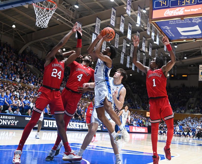 Feb 20, 2023; Durham, North Carolina, USA; Duke Blue Devils guard Jeremy Roach (3) shoots the ball over Louisville Cardinals center Roosevelt Wheeler (4) and forward Jae'Lyn Withers (24) during the second half at Cameron Indoor Stadium. The Blue Devils won 79-62. Mandatory Credit: Rob Kinnan-USA TODAY Sports