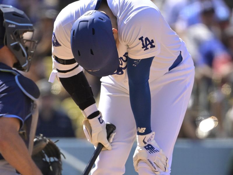 Aug 25, 2024; Los Angeles, California, USA;   Los Angeles Dodgers designated hitter Shohei Ohtani (17) reacts after fouling a ball off his foot in the eighth inning against the Tampa Bay Rays at Dodger Stadium. Mandatory Credit: Jayne Kamin-Oncea-USA TODAY Sports