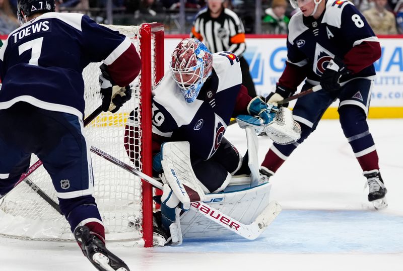 Jan 20, 2025; Denver, Colorado, USA; Colorado Avalanche goaltender Mackenzie Blackwood (39) defends the net in the third period against the Minnesota Wild at Ball Arena. Mandatory Credit: Ron Chenoy-Imagn Images