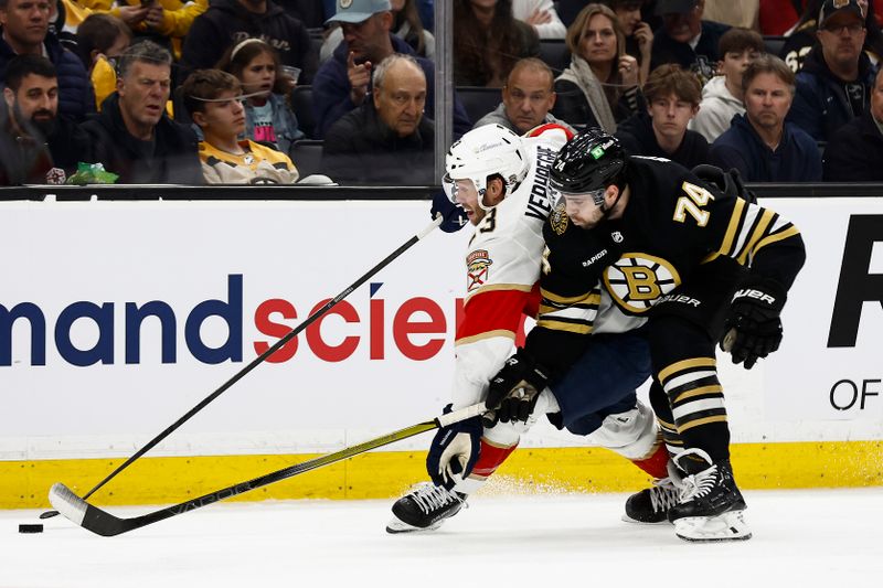 May 10, 2024; Boston, Massachusetts, USA; Florida Panthers center Carter Verhaeghe (23) tries to get past Boston Bruins left wing Jake DeBrusk (74) during the second period of game three of the second round of the 2024 Stanley Cup Playoffs at TD Garden. Mandatory Credit: Winslow Townson-USA TODAY Sports