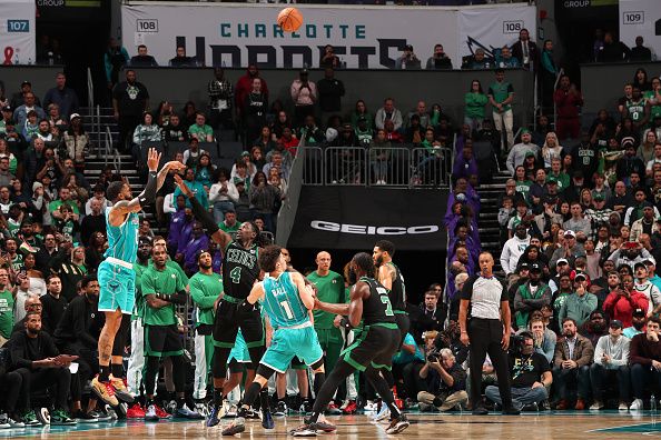 CHARLOTTE, NC - NOVEMBER 20: Miles Bridges #0 of the Charlotte Hornets scores the game winning three point basket during the game against the Boston Celtics on November 20, 2023 at Spectrum Center in Charlotte, North Carolina. NOTE TO USER: User expressly acknowledges and agrees that, by downloading and or using this photograph, User is consenting to the terms and conditions of the Getty Images License Agreement. Mandatory Copyright Notice: Copyright 2023 NBAE (Photo by Kent Smith/NBAE via Getty Images)